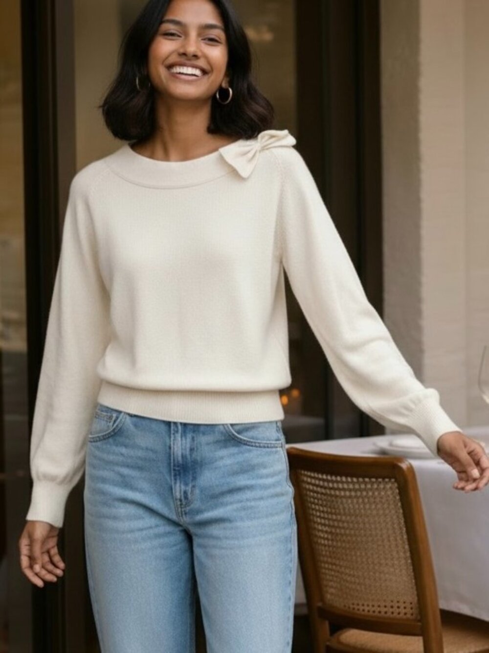 Valerie Stevens Cashmere Sweater Ivory Round Neck Bow Long Sleeve Vintage (L)